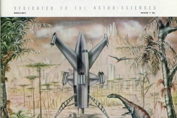 Cover of Space Journal, dedicated to the astro-sciences (March–May, Winter issue, 50¢). The illustration shows a sleek silver rocket standing upright on landing legs in a prehistoric landscape with palm-like trees and rocky cliffs. Two large, dinosaur-like reptiles with long tails and red markings stand in the foreground, while a flying reptile glides in the background, blending retro-futuristic space exploration imagery with ancient Earth scenery.