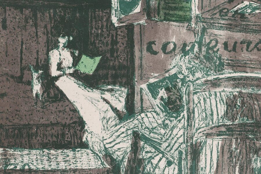 A colored charcoal illustration of a woman reading on a bench