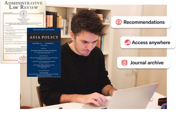 A person works on a laptop at a desk in a home office or library setting. Journal covers from Administrative Law Review and Asia Policy are displayed alongside the image. Overlay callouts promote JSTOR features including “Recommendations,” “Access anywhere,” and “Journal archive.”
