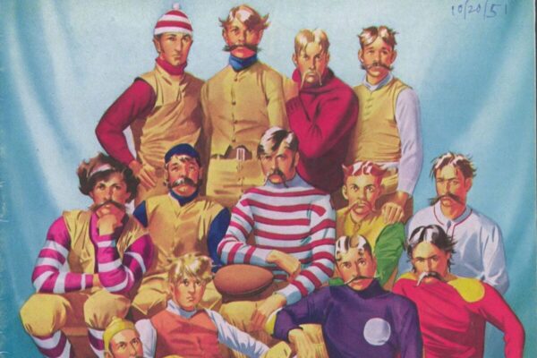 Illustrated group portrait of an early football team posed around a football. Eleven players wear colorful nineteenth-century-style uniforms, including striped jerseys, caps, and knicker-style pants. Many have exaggerated handlebar mustaches and distinctive hairstyles. The central player, seated with a football in his lap, wears a red-and-white striped jersey. The team is arranged in rows against a light blue studio backdrop.