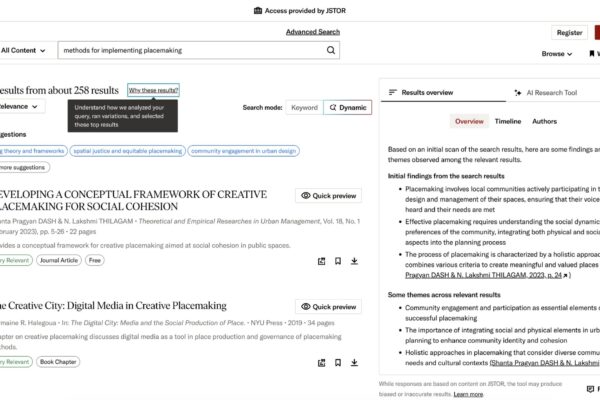 Screenshot of an AI-assisted search results experience under active development for JSTOR. The search query "methods for implementing placemaking" appears above a list of search results, with options to switch between keyword and dynamic search modes. Search suggestions related to placemaking are displayed below the search controls. The first result, "Developing a Conceptual Framework of Creative Placemaking for Social Cohesion," is highlighted as highly relevant. A panel on the right provides an AI-generated overview of themes across the search results, including community engagement, social dynamics, and holistic approaches to placemaking, with supporting citations from the retrieved sources. The interface and capabilities shown reflect the current state of development and are expected to evolve based on ongoing research, testing, and learning.